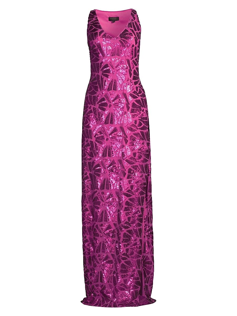 Women's Social Occasion Fan Sequined Column Gown - Magenta - Size 4