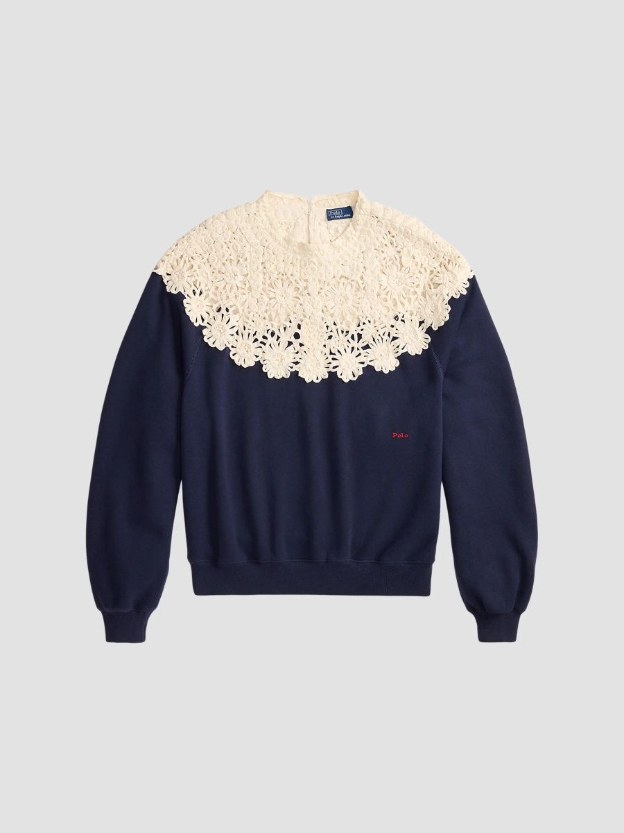 Polo Ralph Lauren Women's Crochet-Yoke Fleece Crewneck Sweater - Navy - Size XS