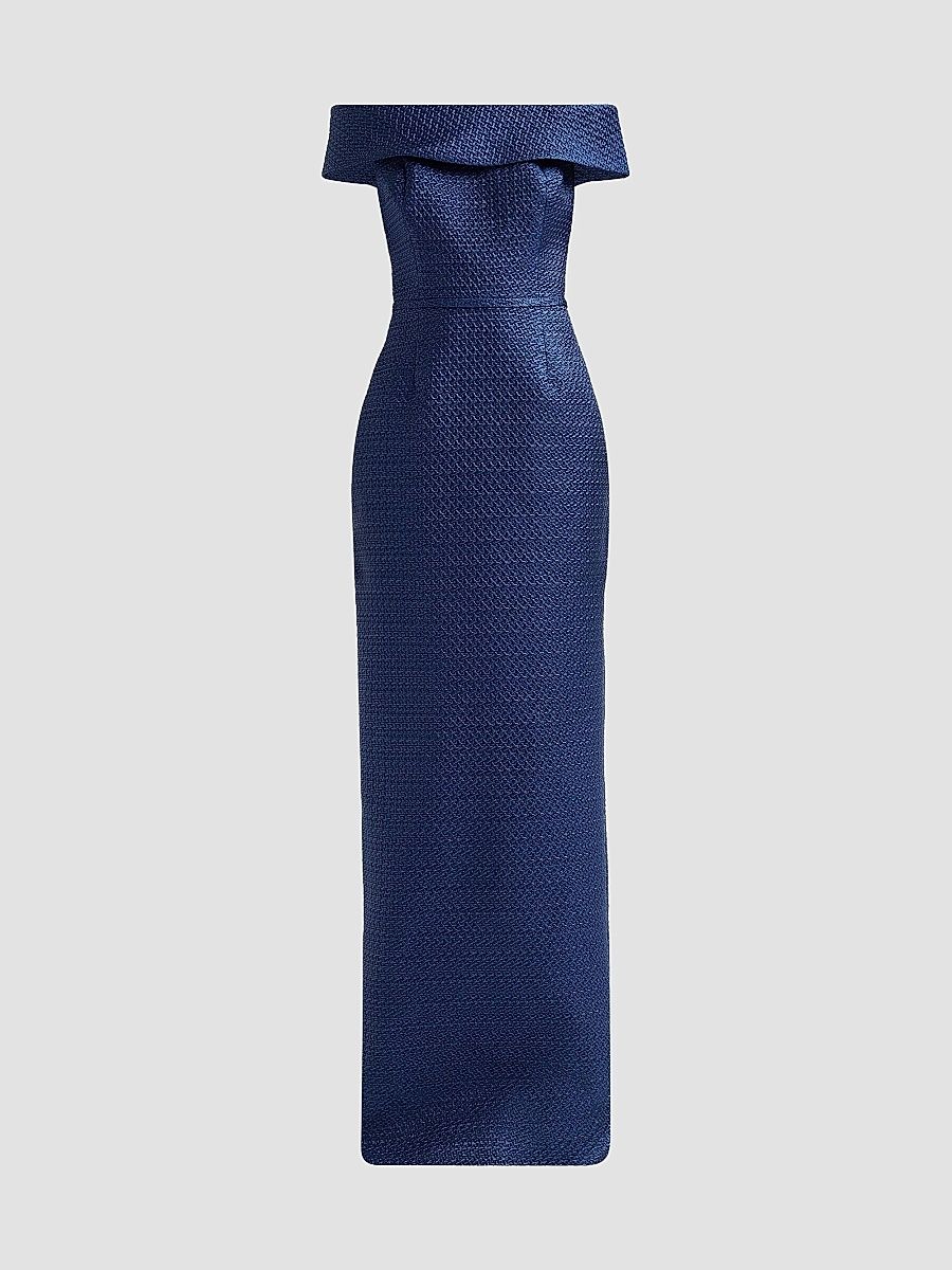 Women's Basket Weave Jacquard Off-the-Shoulder Column Gown - Sapphire - Size 16