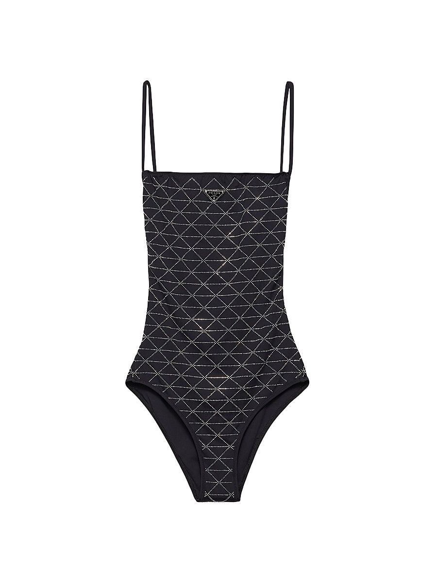 Women's Jersey One-Piece Swimsuit with Rhinestones - Black - Size XL