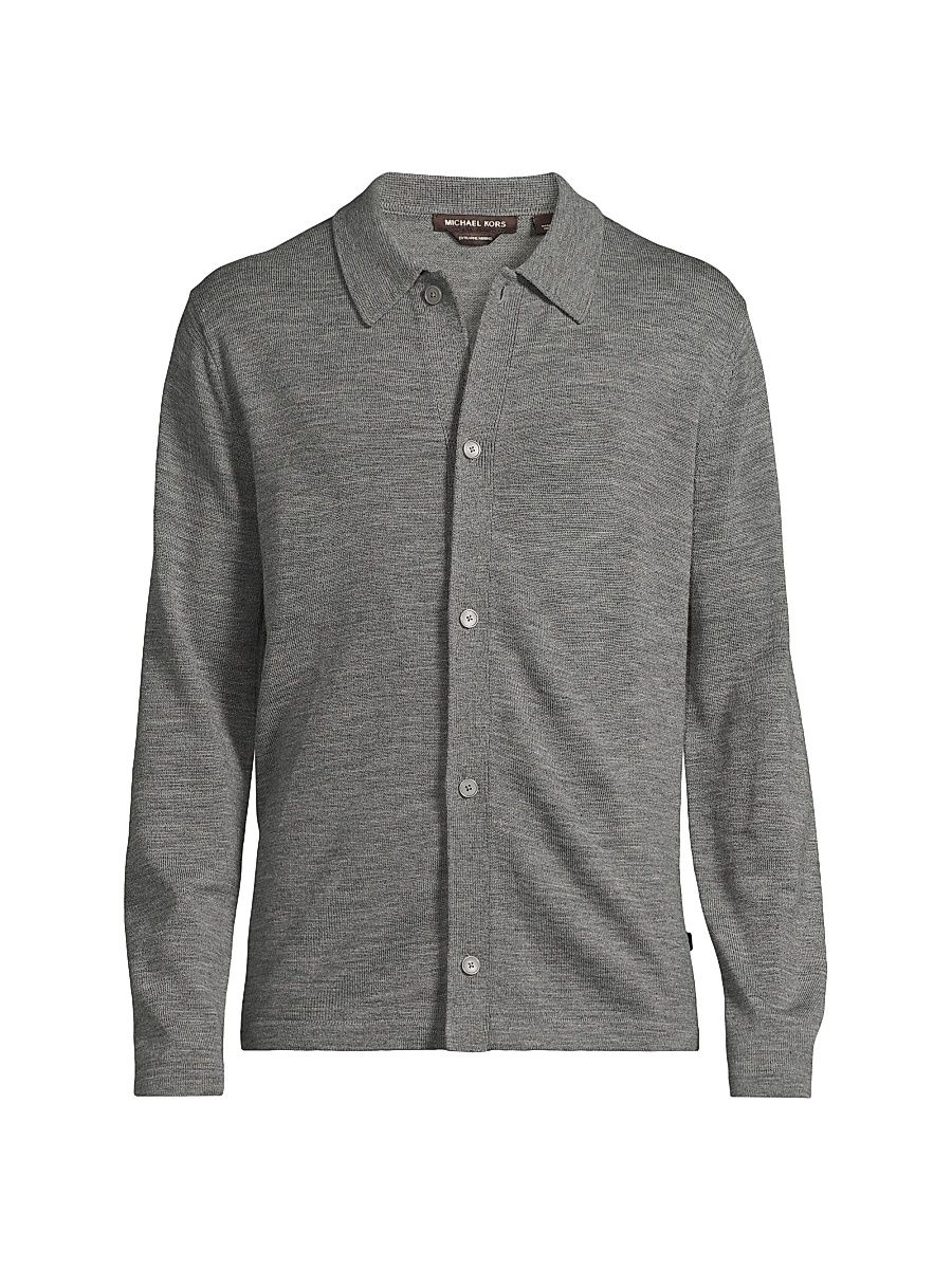 Men's Merino Wool Button-Front Shirt - Ivy Melange - Size Large