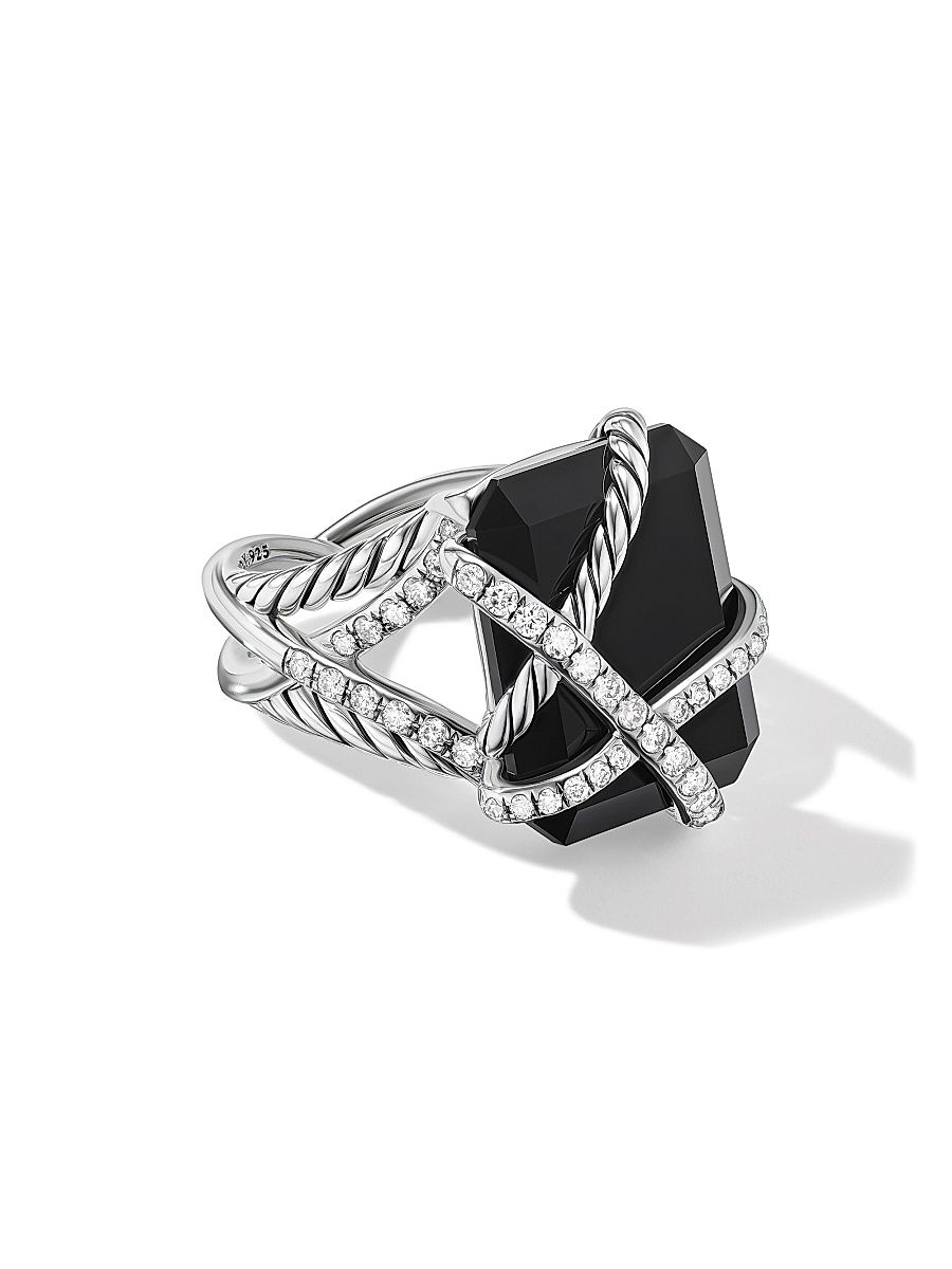 Women's Crystal Cable Wrap Ring in Sterling Silver - Black Onyx - Size 7