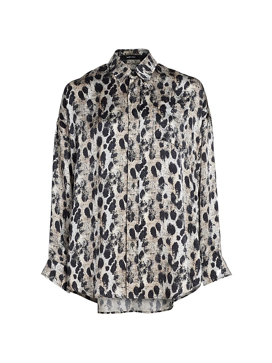 Women's Printed Silk Shirt - Black Silver Leopard - Size XL