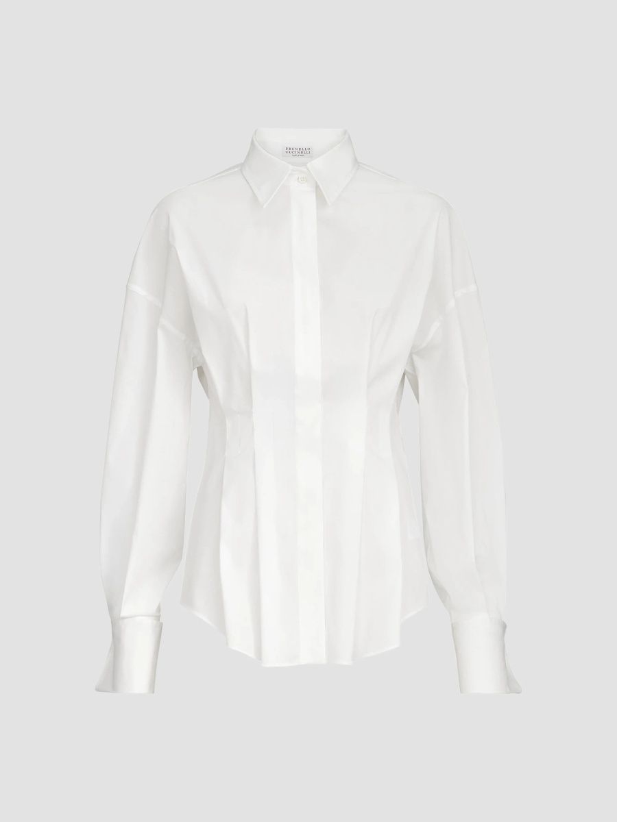 Brunello Cucinelli Women's Stretch Cotton Poplin Pleated Shirt - White - Size XXL
