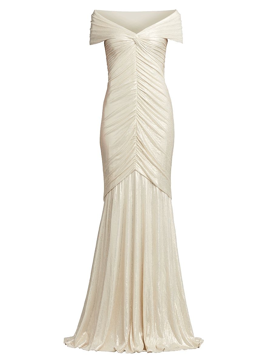 Women's Metallic Lace Shirred Gown - Ivory - Size Medium