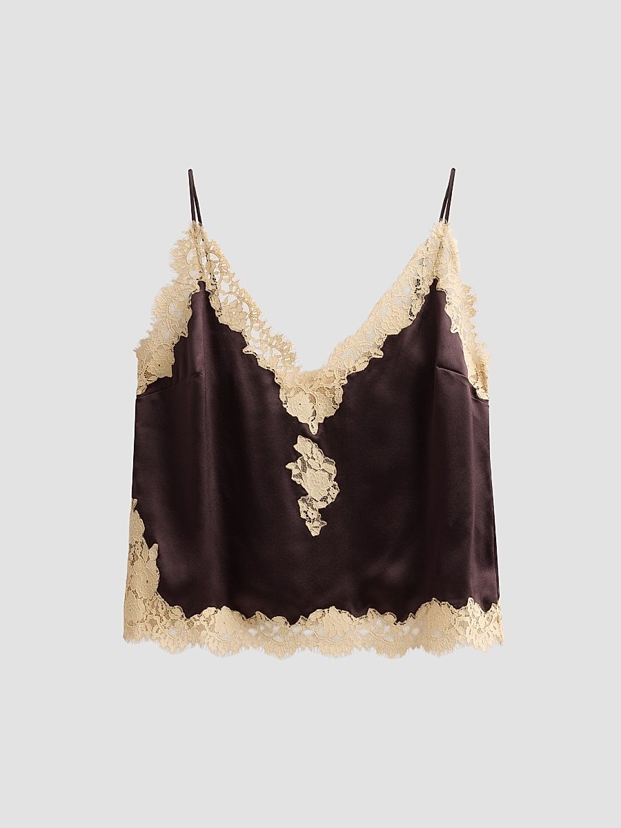 DÔEN Women's Kira Lace-Trimmed Silk Camisole - Equestrian Brown Cream - Size XS