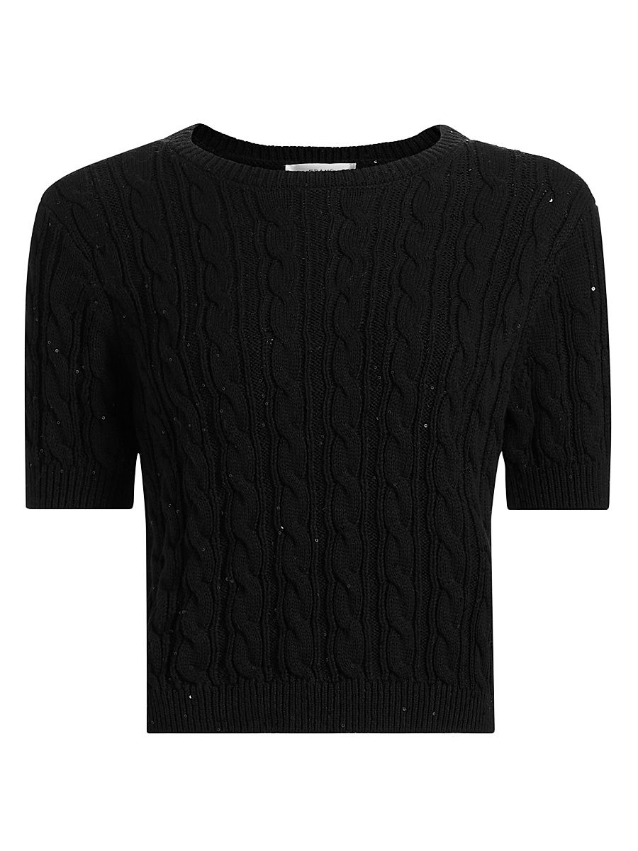 Women's Sequin-Embellished Cable-Knit Short-Sleeve Sweater - Black - Size Large
