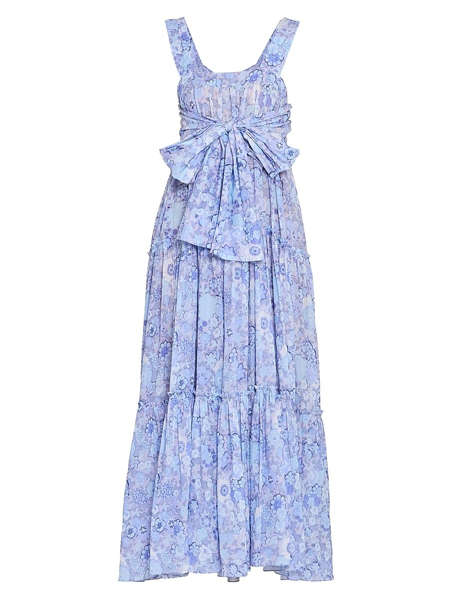 Women's À La Plage Floral Cotton Sashed Midi-Dress - Multicolor Blue - Size 10