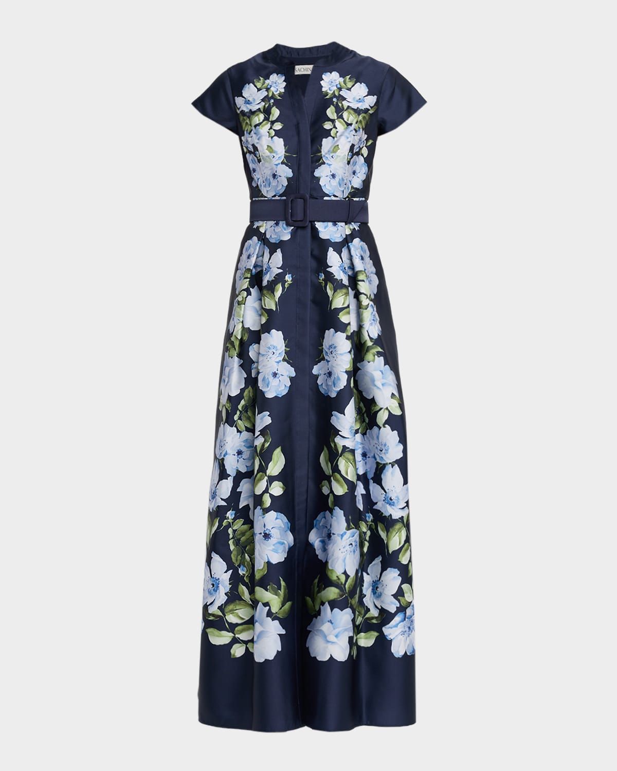 Marta Belted Floral-Print Mikado Shirt Gown