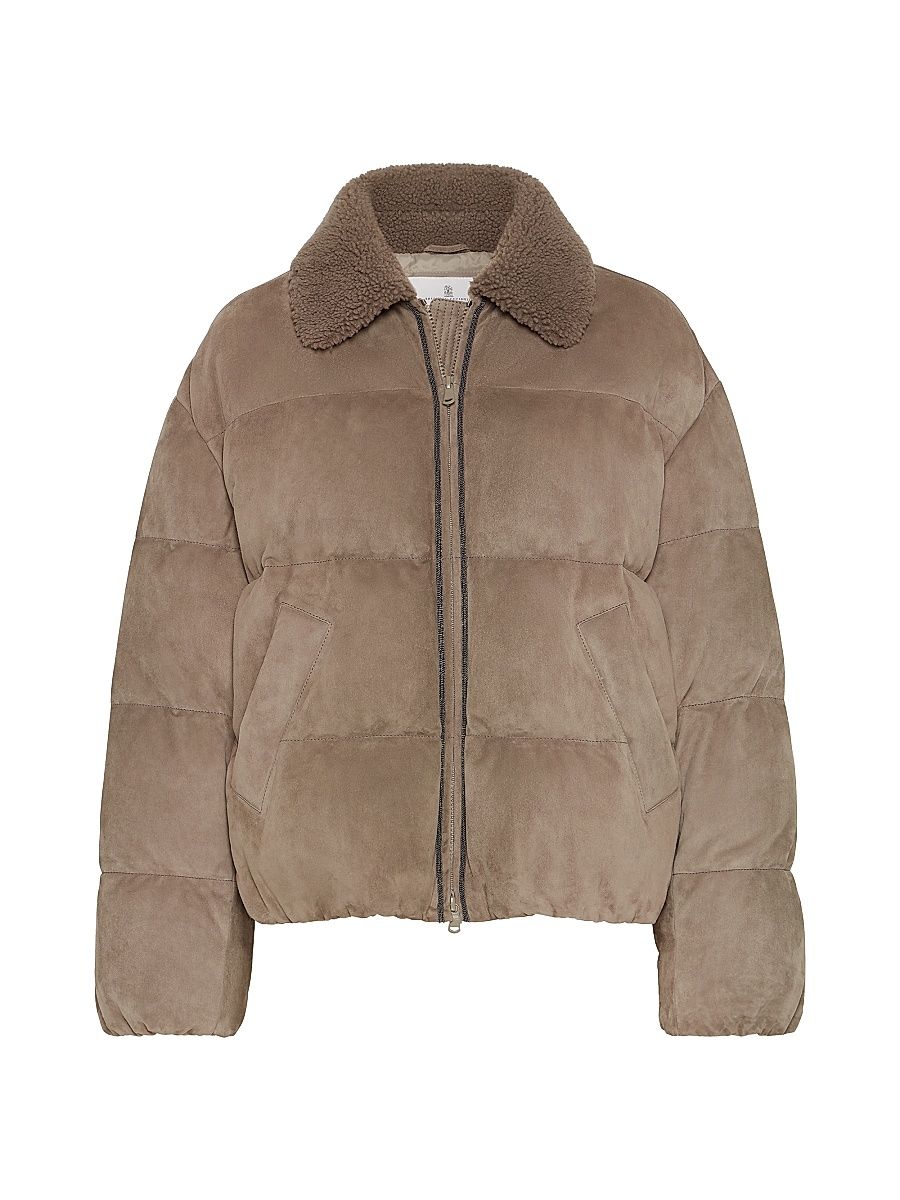 Women's Suede Down Coat with Merino Shearling Collar and Shiny Trims - Mud - Size 12