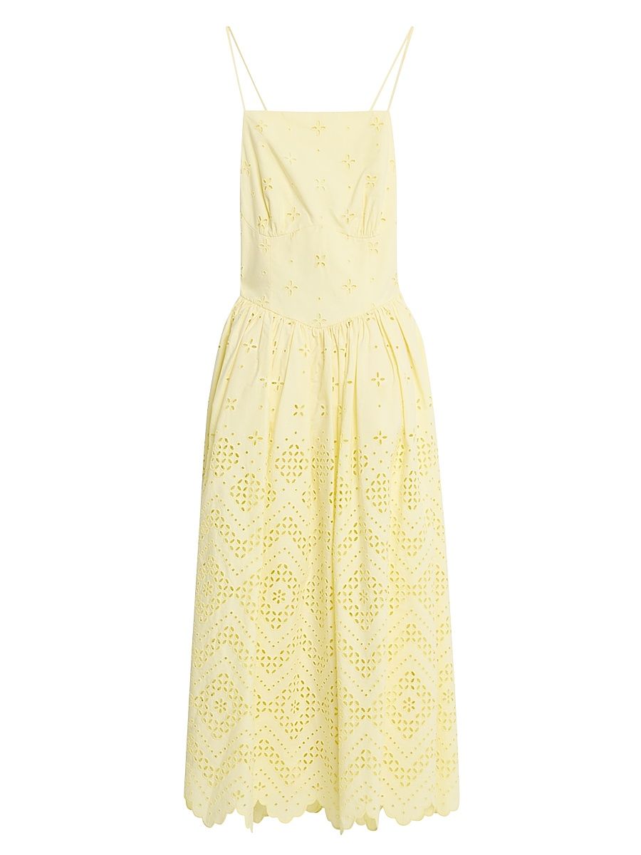 Women's Embroidered Cotton Midi-Dress - Light Yellow - Size 12