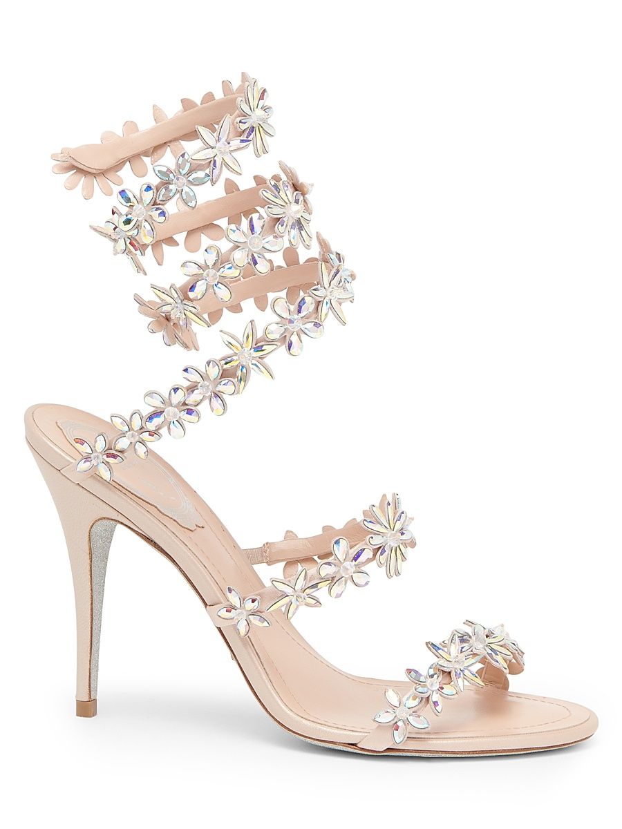 Women's Cleo 100MM Satin Wrap Sandals - Beige Satin Crystal - Size 11