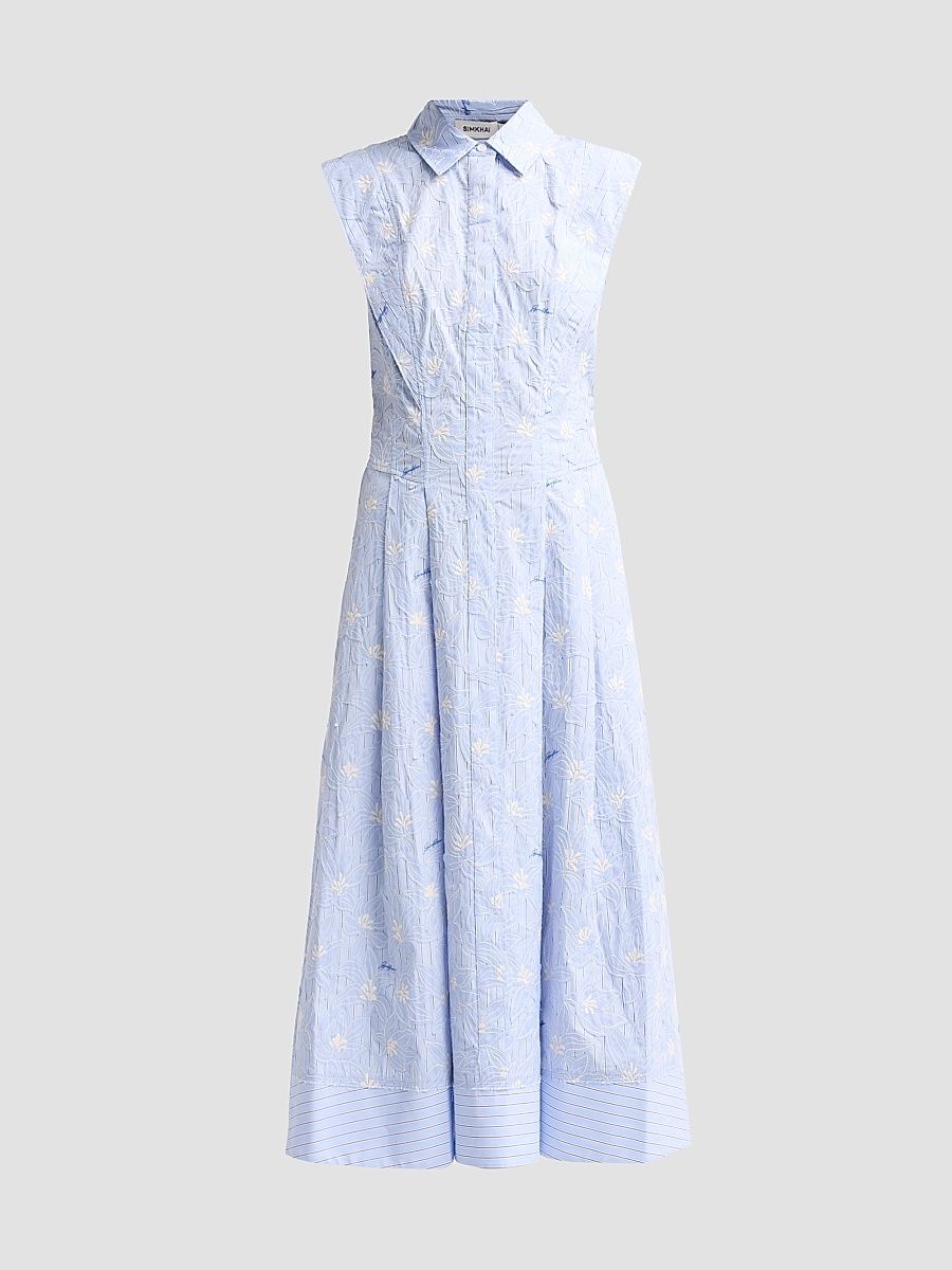Women's Neri Embroidered Cotton Midi Dress - Periwinkle Blue Stripe - Size 14