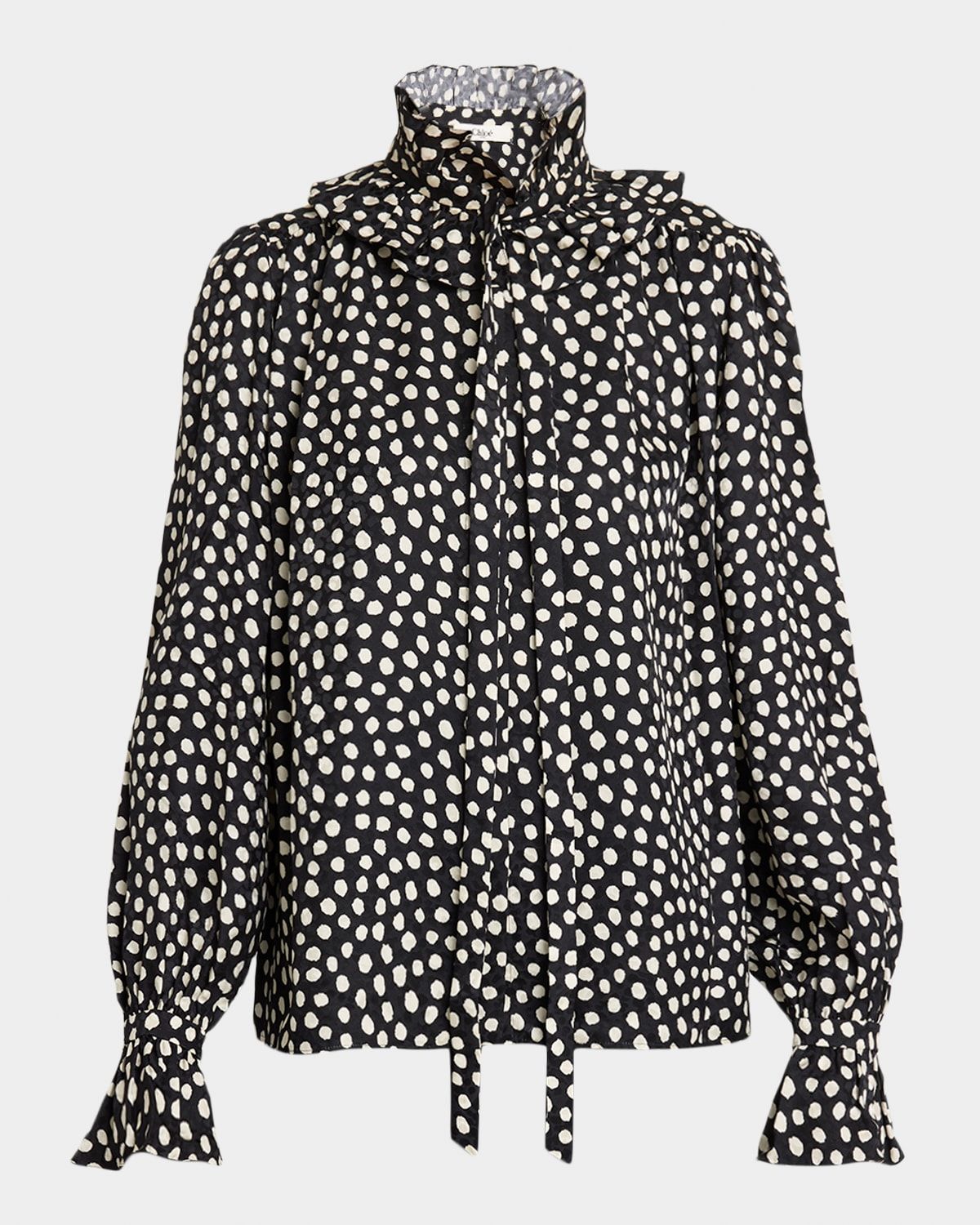 Dots-Print Silk Jacquard Ruffle Blouse