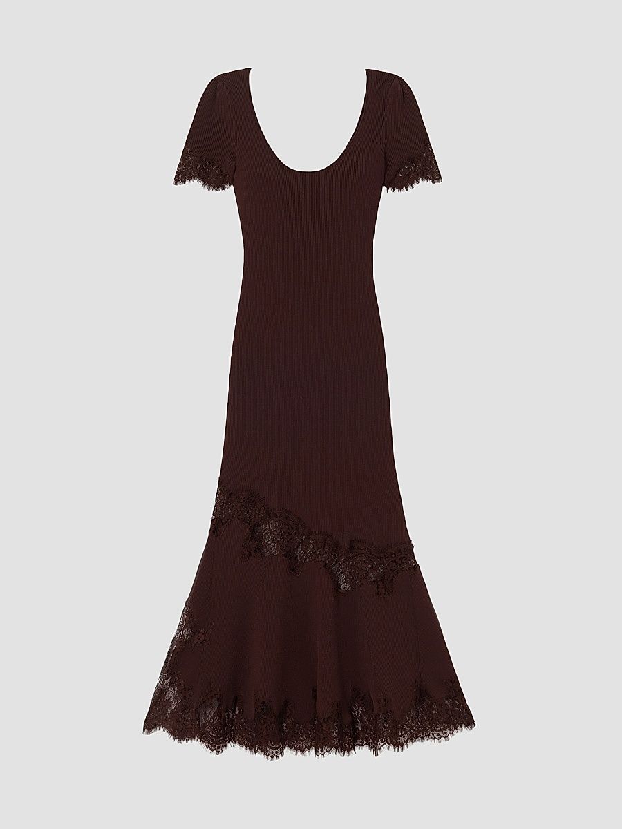Women's Lace-Trim Rib-Knit Midi Dress - Brown - Size XL
