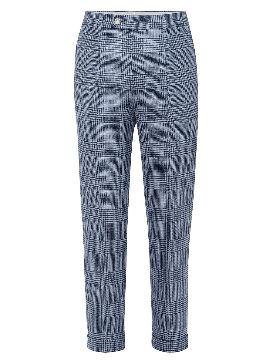 Men's Comfort Wool, Silk and Linen Prince of Wales Leisure Fit Trousers - Denim - Size 44