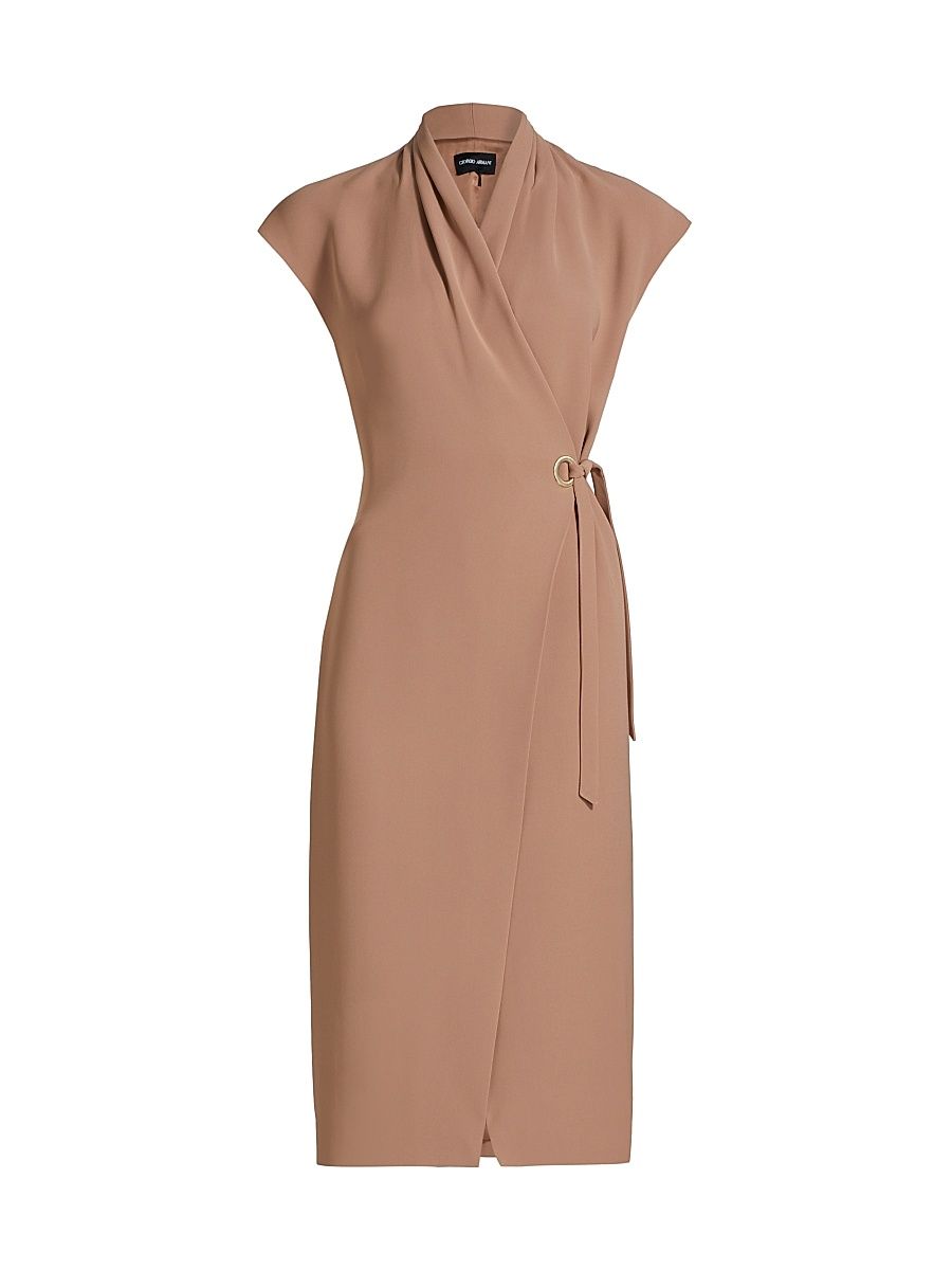 Women's Silk High Neck Wrap Dress - Tawny Brown - Size 8