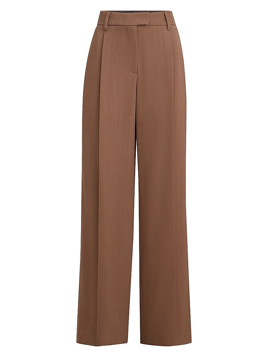Women's Virgin Wool and Viscose Tricotine Loose Pleated Trousers - Brown - Size 2