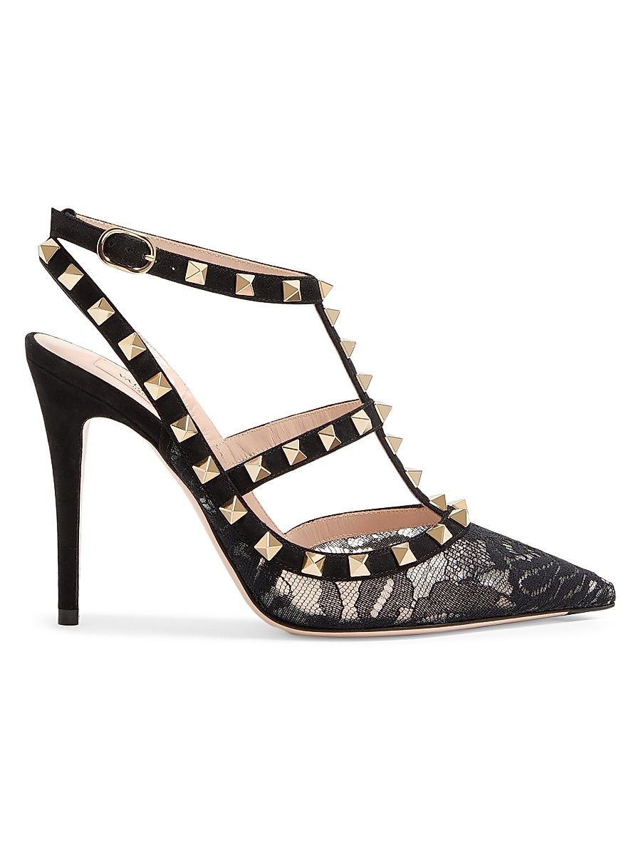 Women's Rockstud 100MM Lace Pumps with Straps - Black - Size 10.5