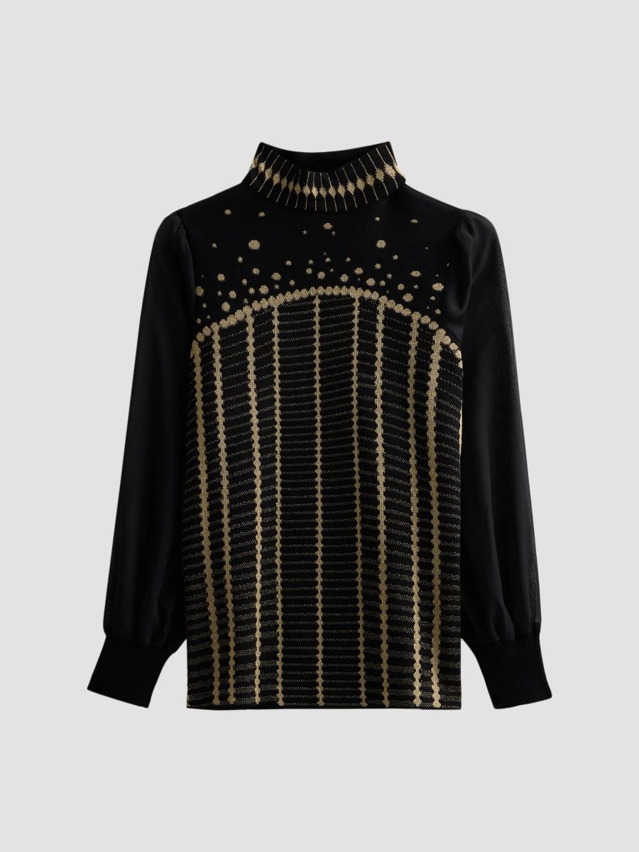 Ming Wang Women's Metallic Mixed-Media Knit Sweater - Black Gold - Size XL