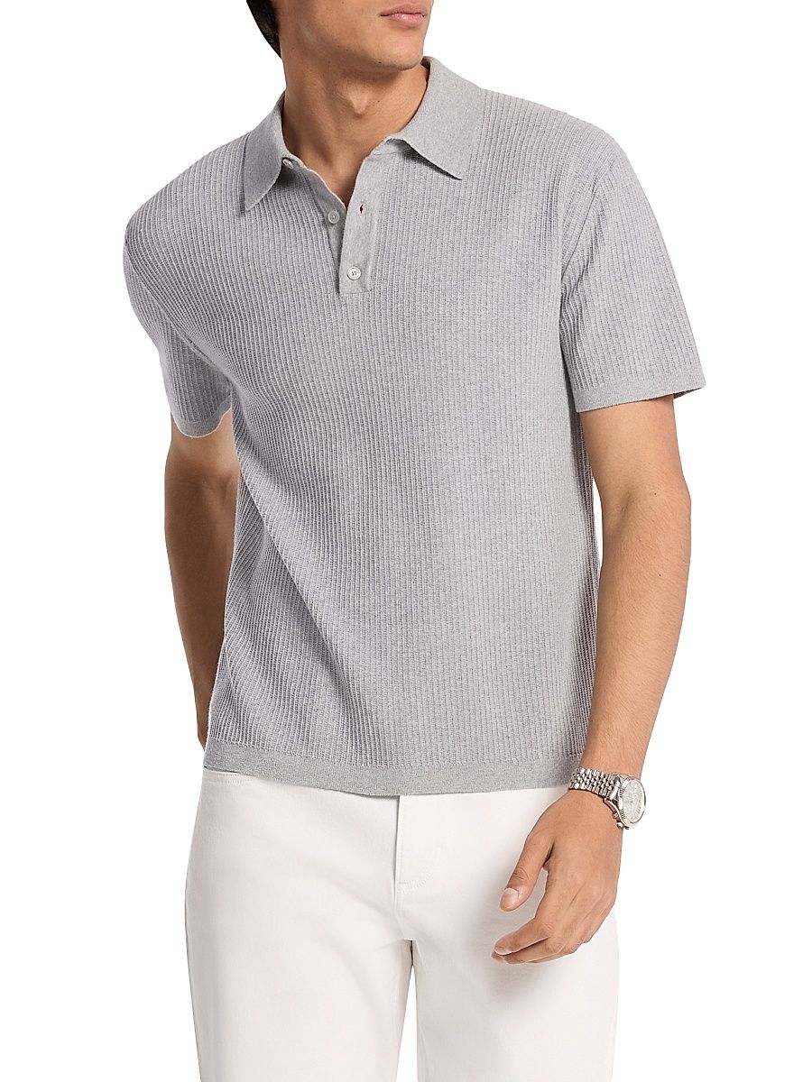 Men's Rib-Knit Cotton Short-Sleeve Polo Shirt - Heather Grey - Size XXL