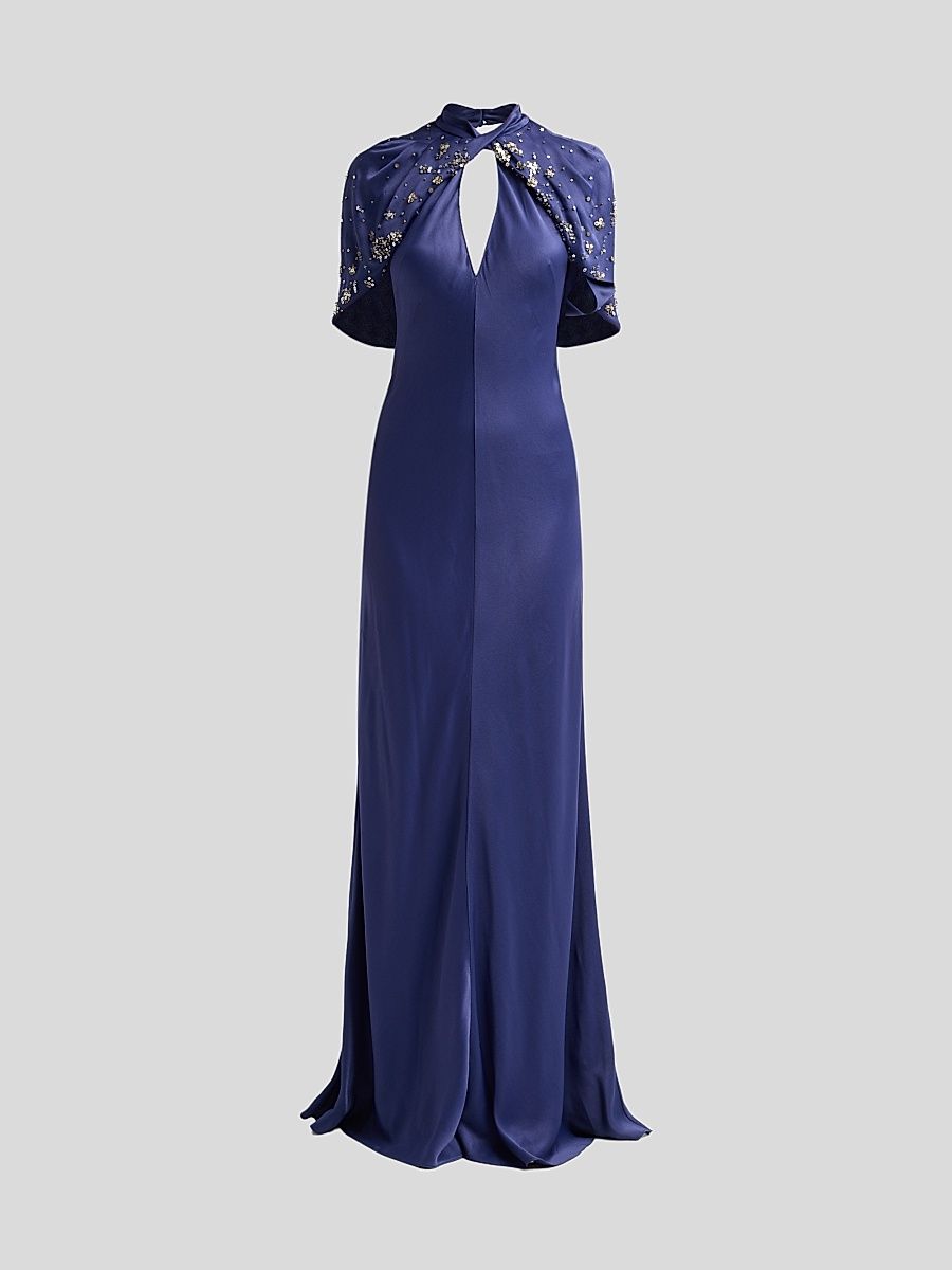 Women's Enver Satin Embellished-Cape Gown - Blue - Size 12