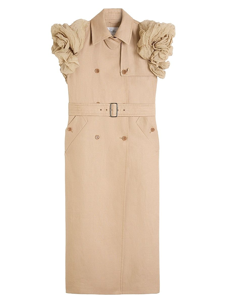 Women's Sleeveless Trench Coat in Linen Basketweave with Ruffles - Camel - Size 2