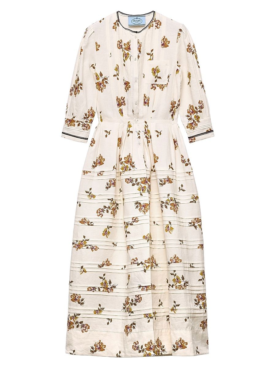 Women's Long Printed Linen Dress - Brown - Size 6