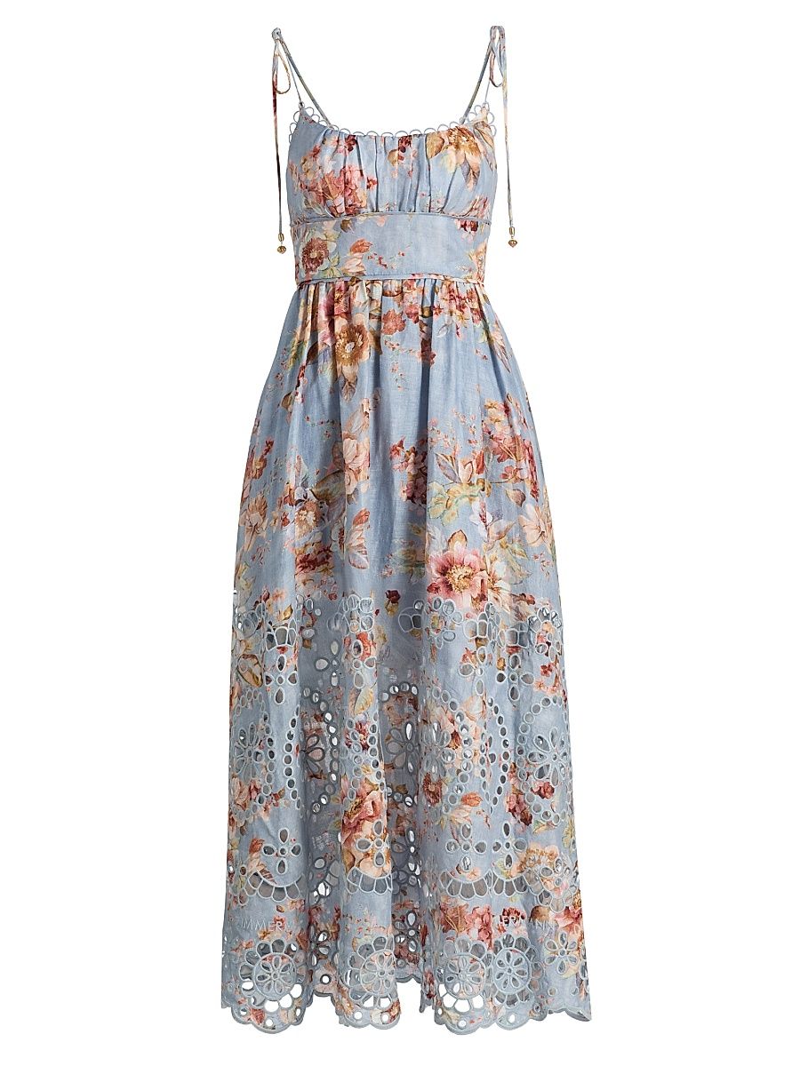 Women's Awaken Picnic Floral Laser-Cut Linen Midi-Dress - Chambray Floral - Size 10
