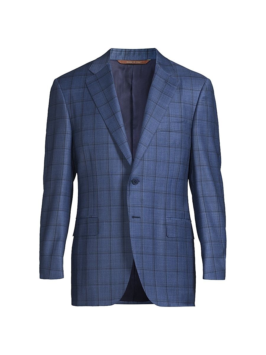 Men's Windowpane Wool Sport Jacket - Blue - Size 42