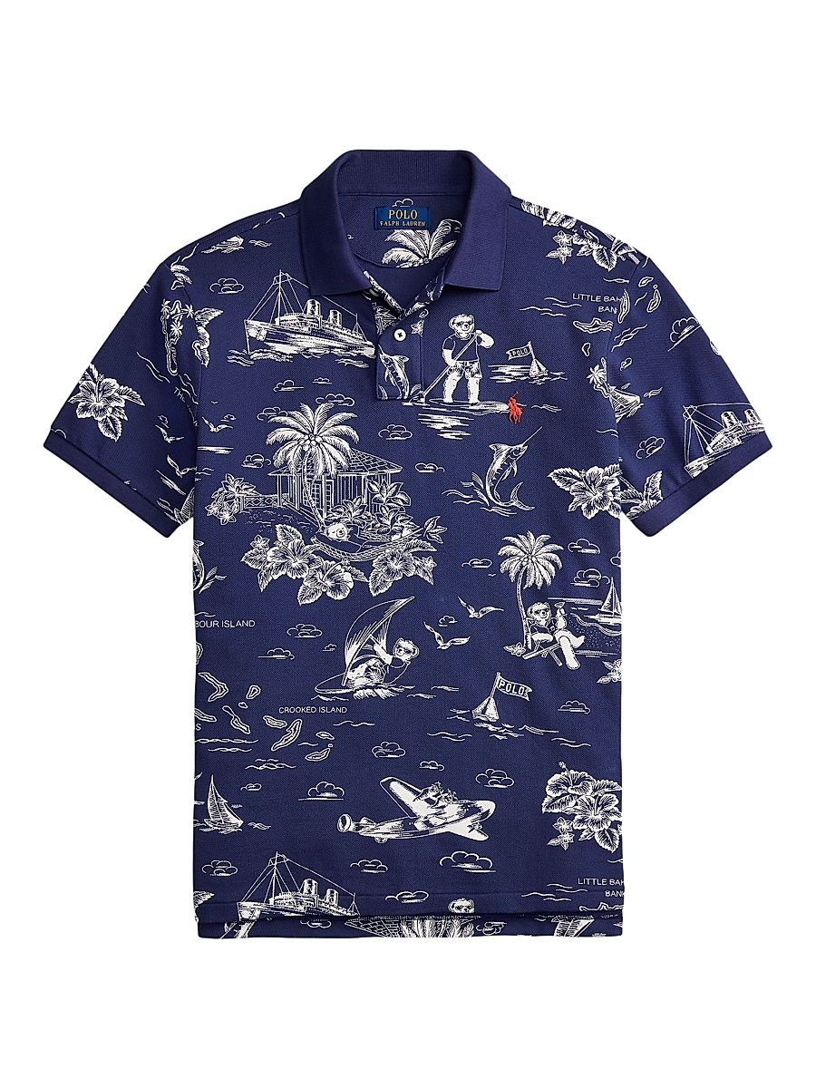 Men's Printed Cotton Mesh Polo Shirt - Island Bear Boat House Navy - Size XXL