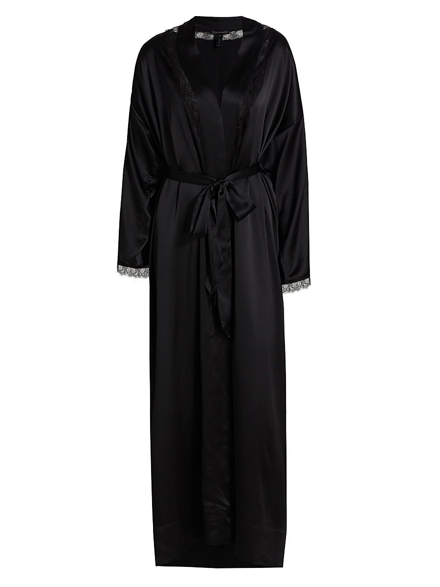 Women's Silk Lace Inset Robe - Black Black - Size Large