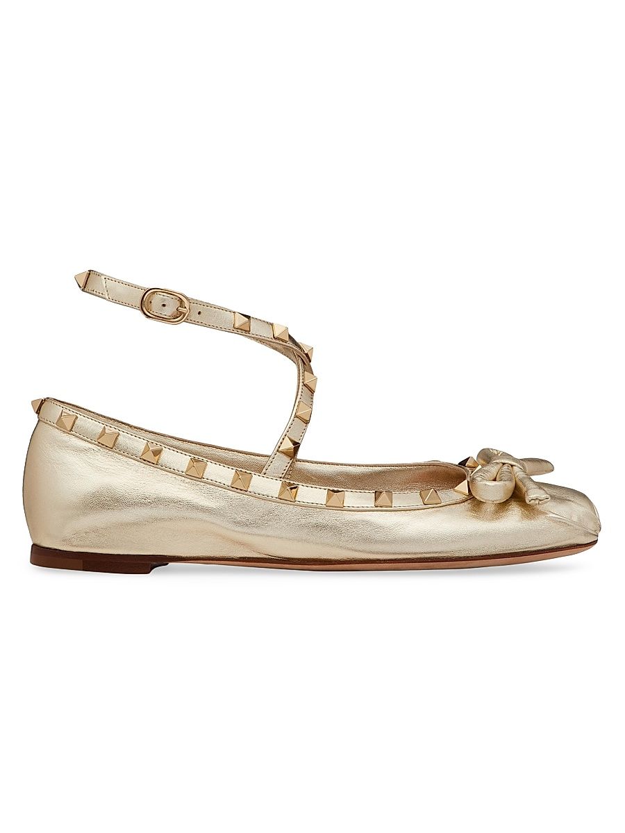 Women's Rockstud Laminated Nappa Leather Ballerina Flats - Platinum - Size 4.5