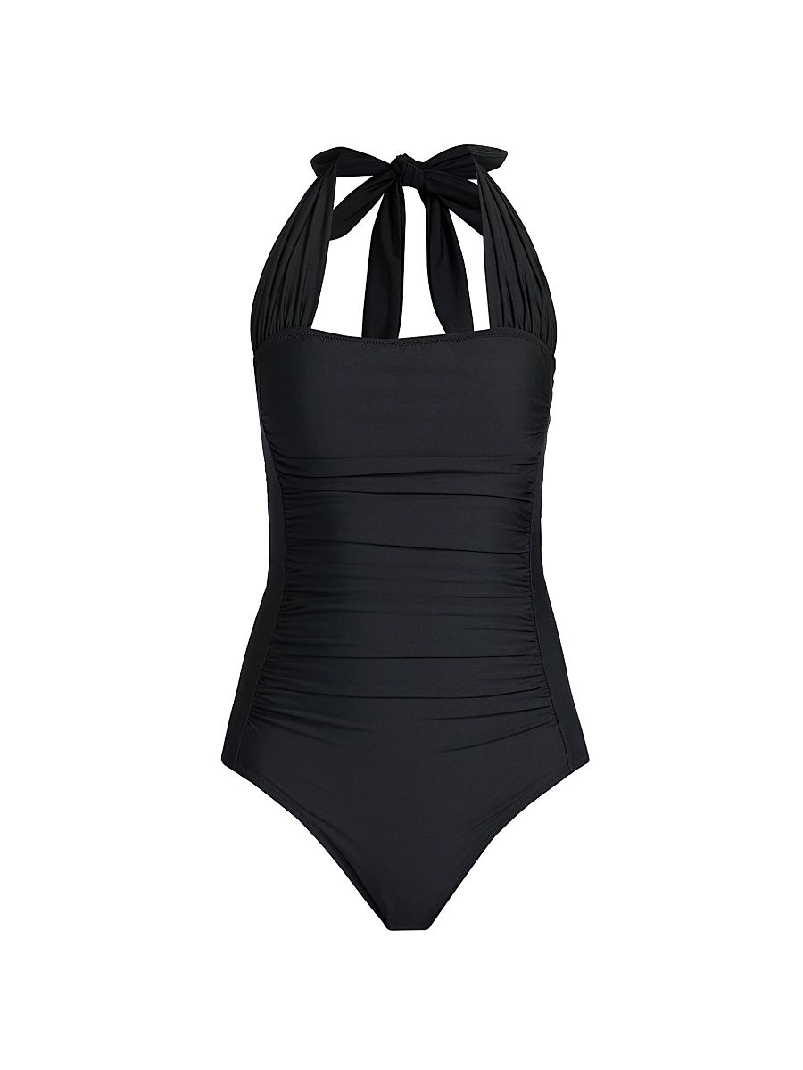 Women's Ruched Halter One-Piece Swimsuit - Black - Size XL