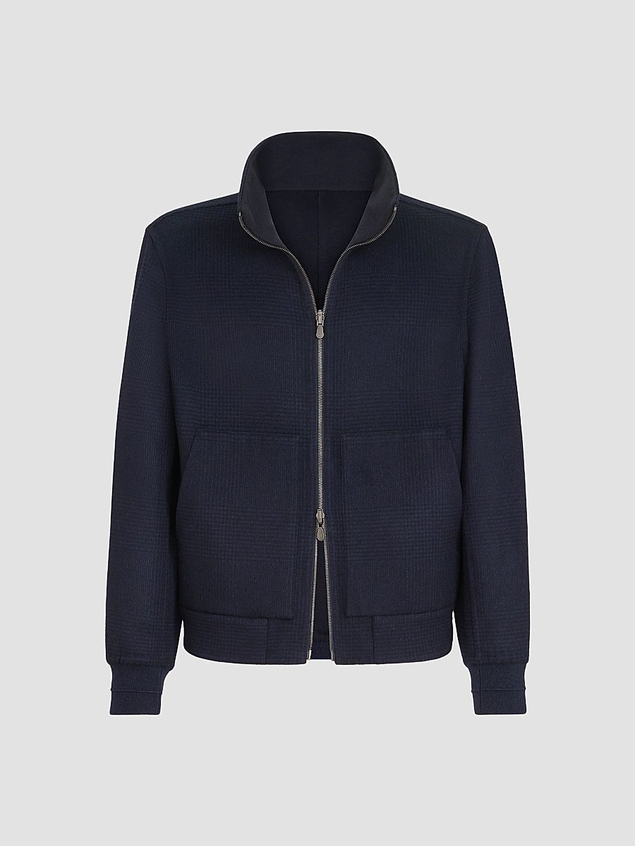 Men's Hand-Crafted Reversible Bomber Jacket in Cashmere Prince of Wales - Blue - Size 34