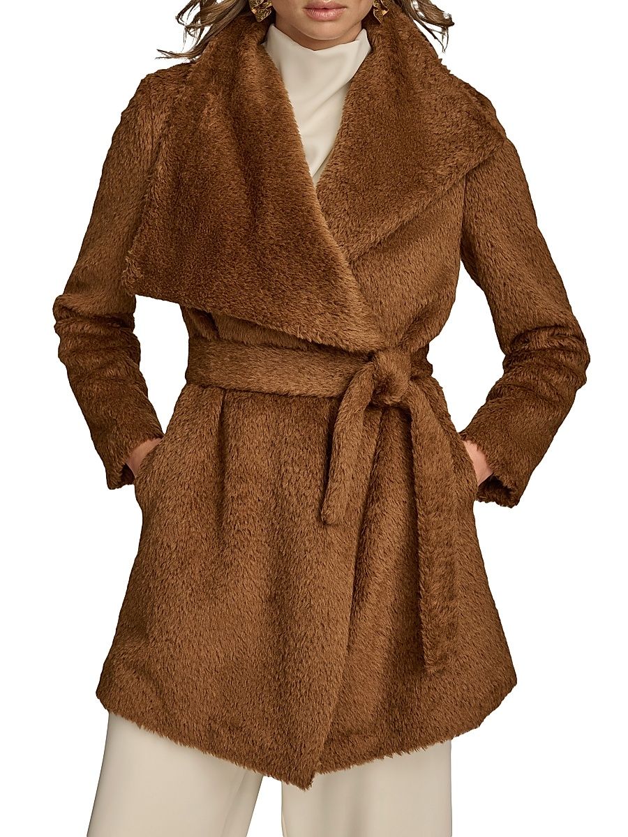 Women's Wool-Blend Belted Wrap Coat - Tobacco - Size Small