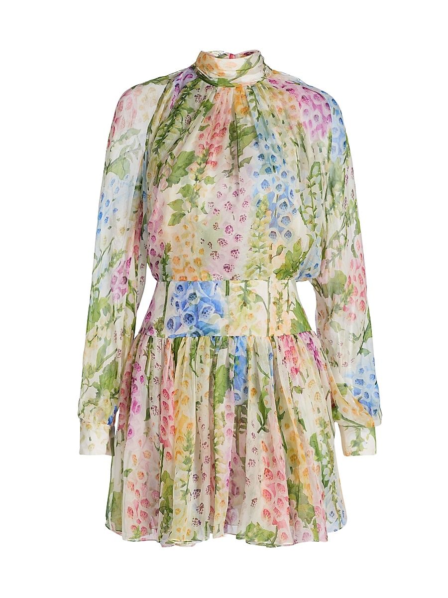 Women's Sheer Foxgloves Silk Chiffon Long-Sleeve Minidress - White Multi - Size 10