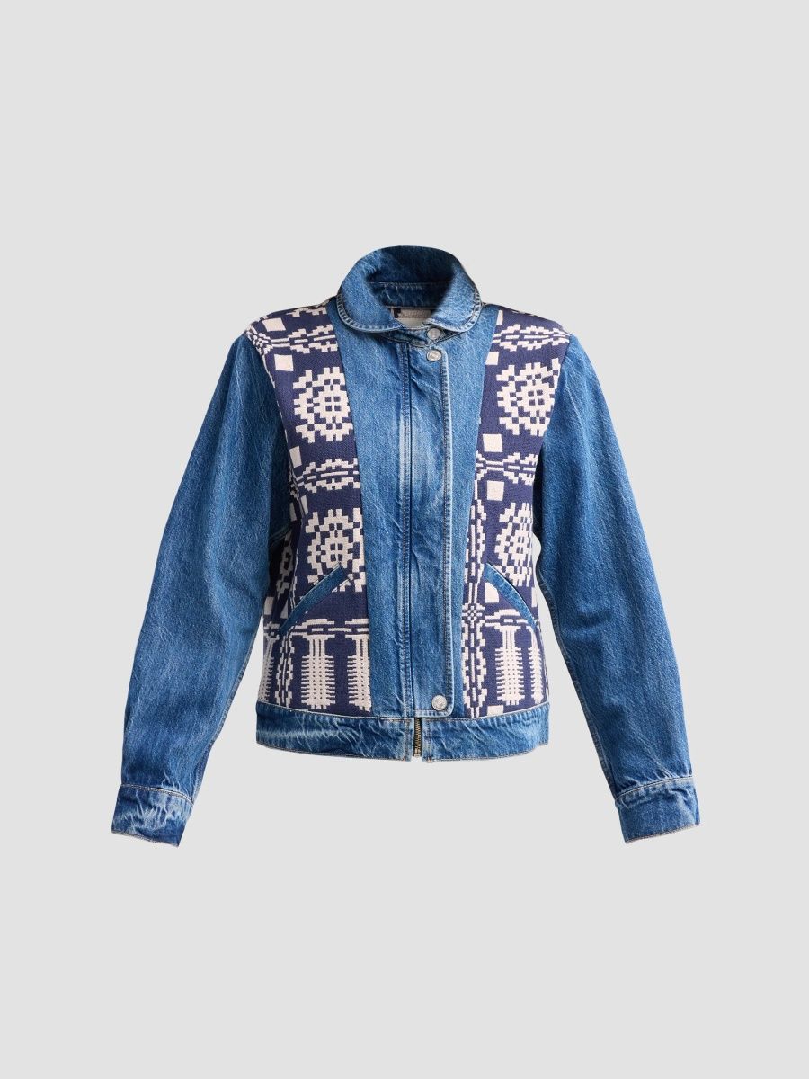 Mother Women's The Snow Blanket Jacquard Denim Trucker Jacket - Lets Build Fort - Size XL