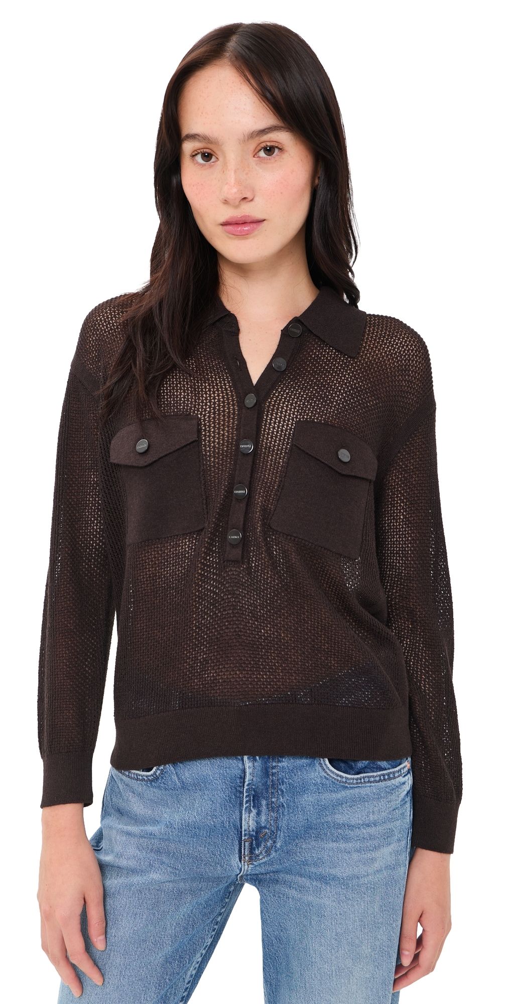 L'AGENCE Carine Pointelle Collared Sweater Coffee Bean XL