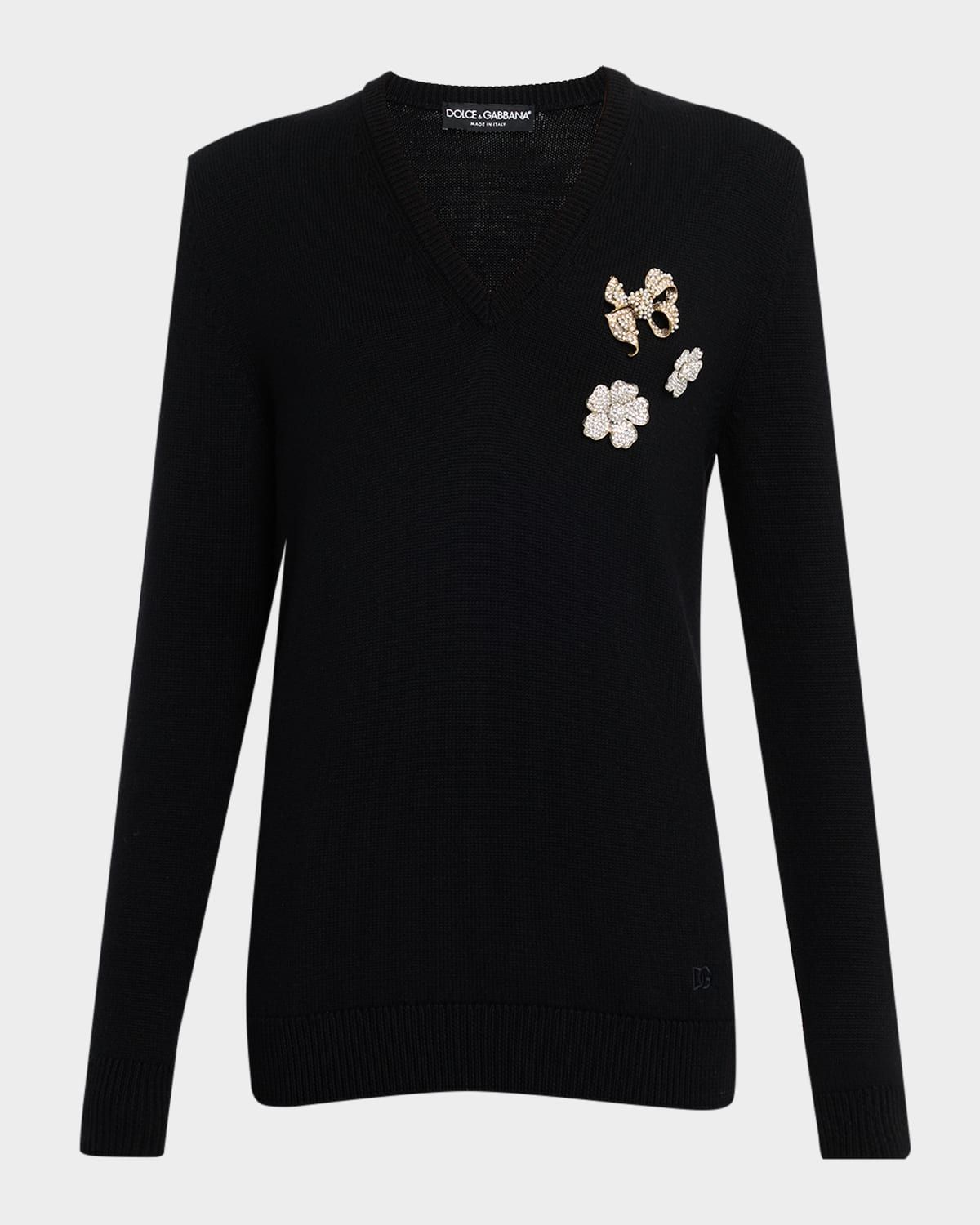 Brooch V-Neck Sweater