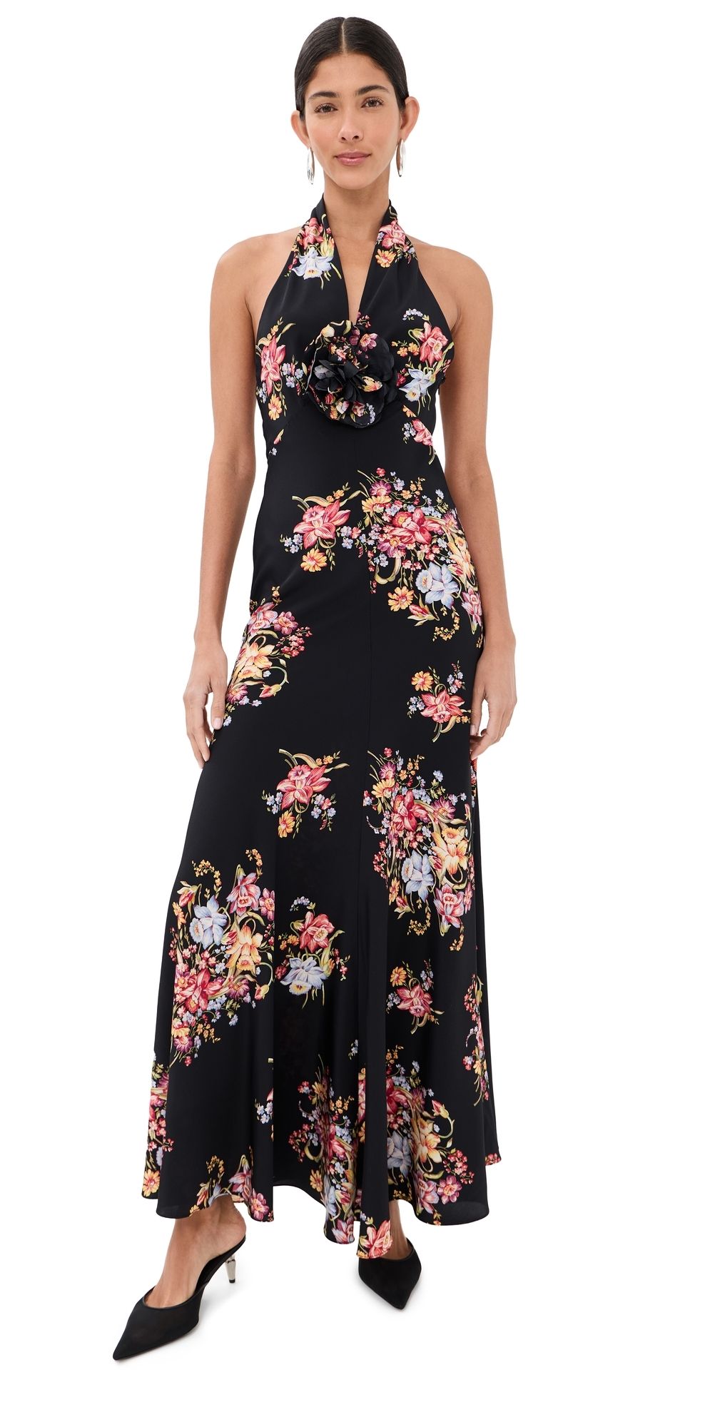 Rodarte Floral Silk Halter Dress with Silk Flower Black 4