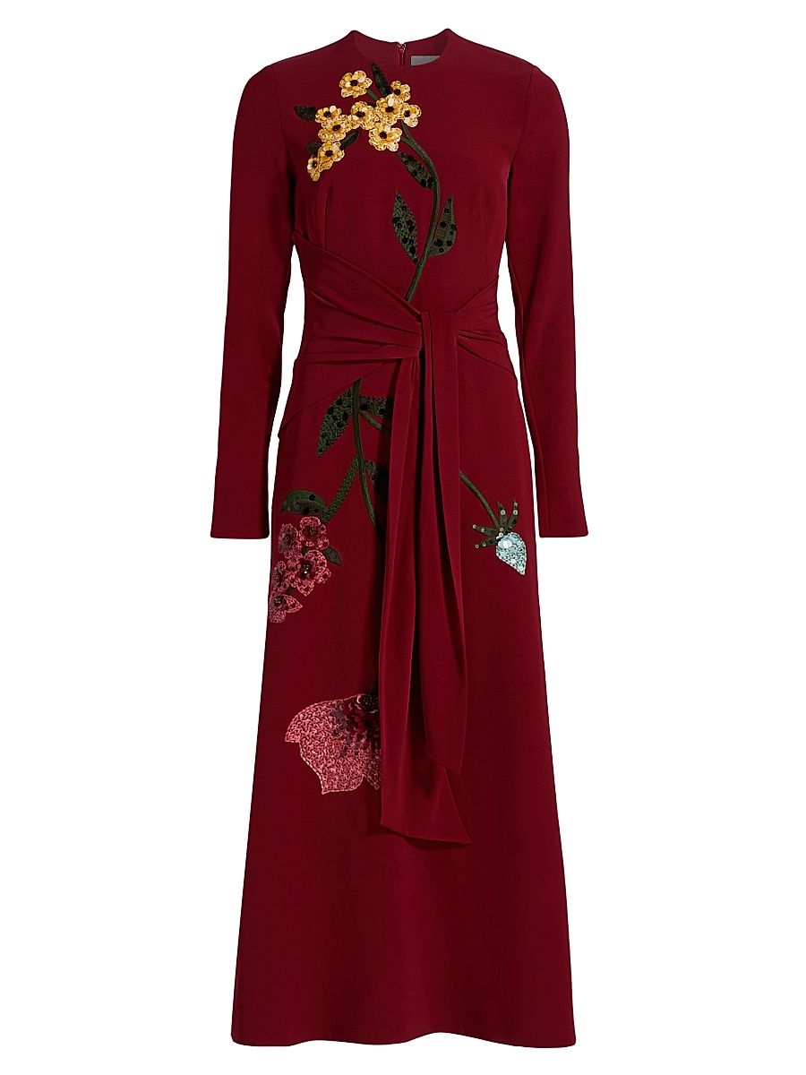 Women's Sequin-Embellished Floral Tie-Waist Midi-Dress - Wine - Size 2