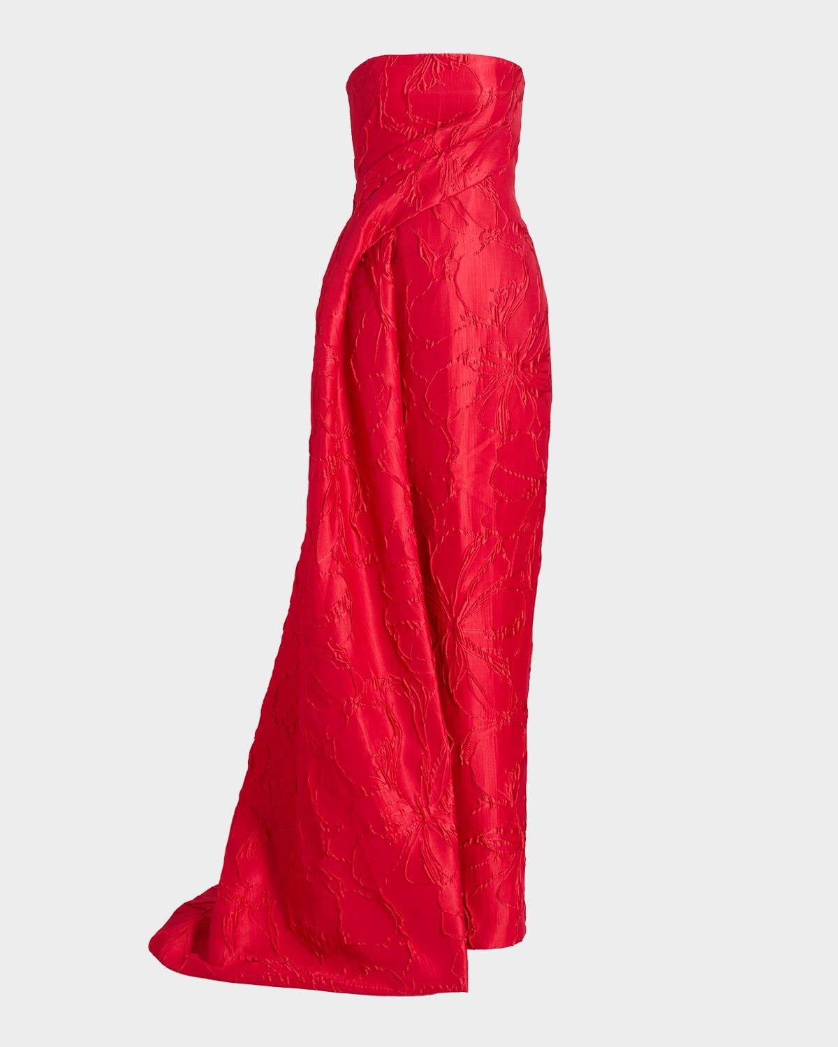 Strapless Rose Jacquard Drape Column Gown