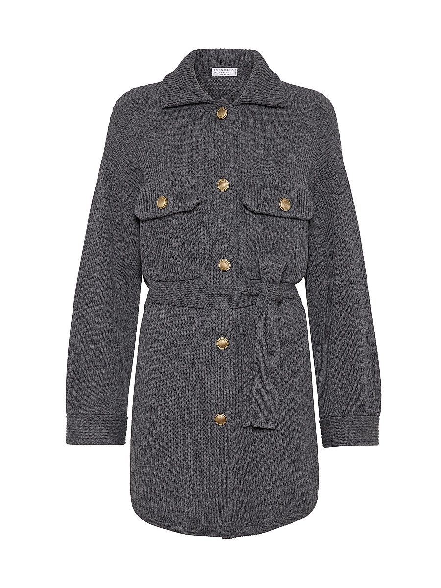 Women's Virgin Wool, Cashmere and Silk English Rib Belted Cardigan - Lead - Size XXL