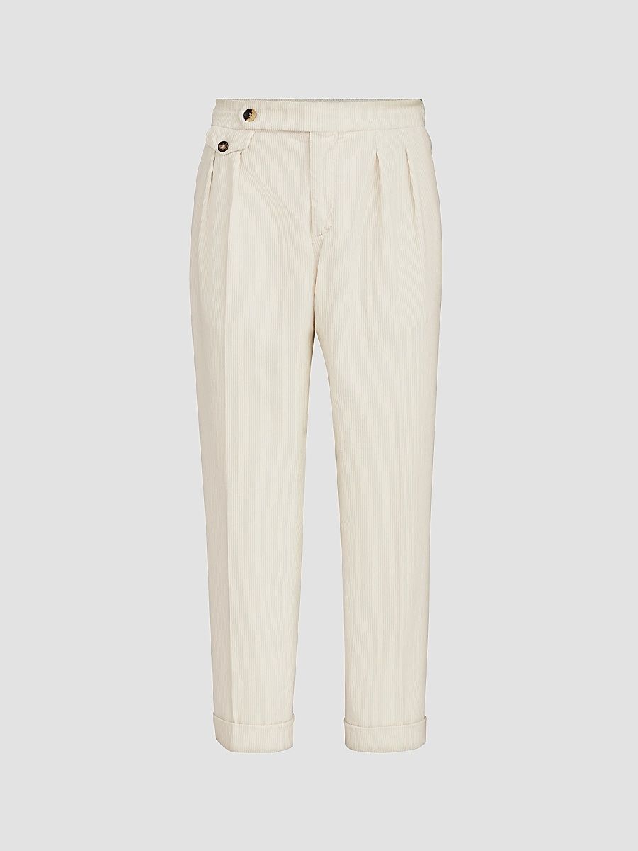Men's Garment-Dyed Trousers in Cotton Corduroy with Reversed Double Pleats - White - Size 32