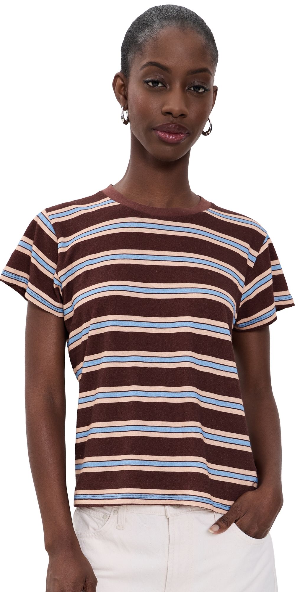 MOTHER The Boxy Goodie Goodie Tee Jer Rum Raisin Stripe S