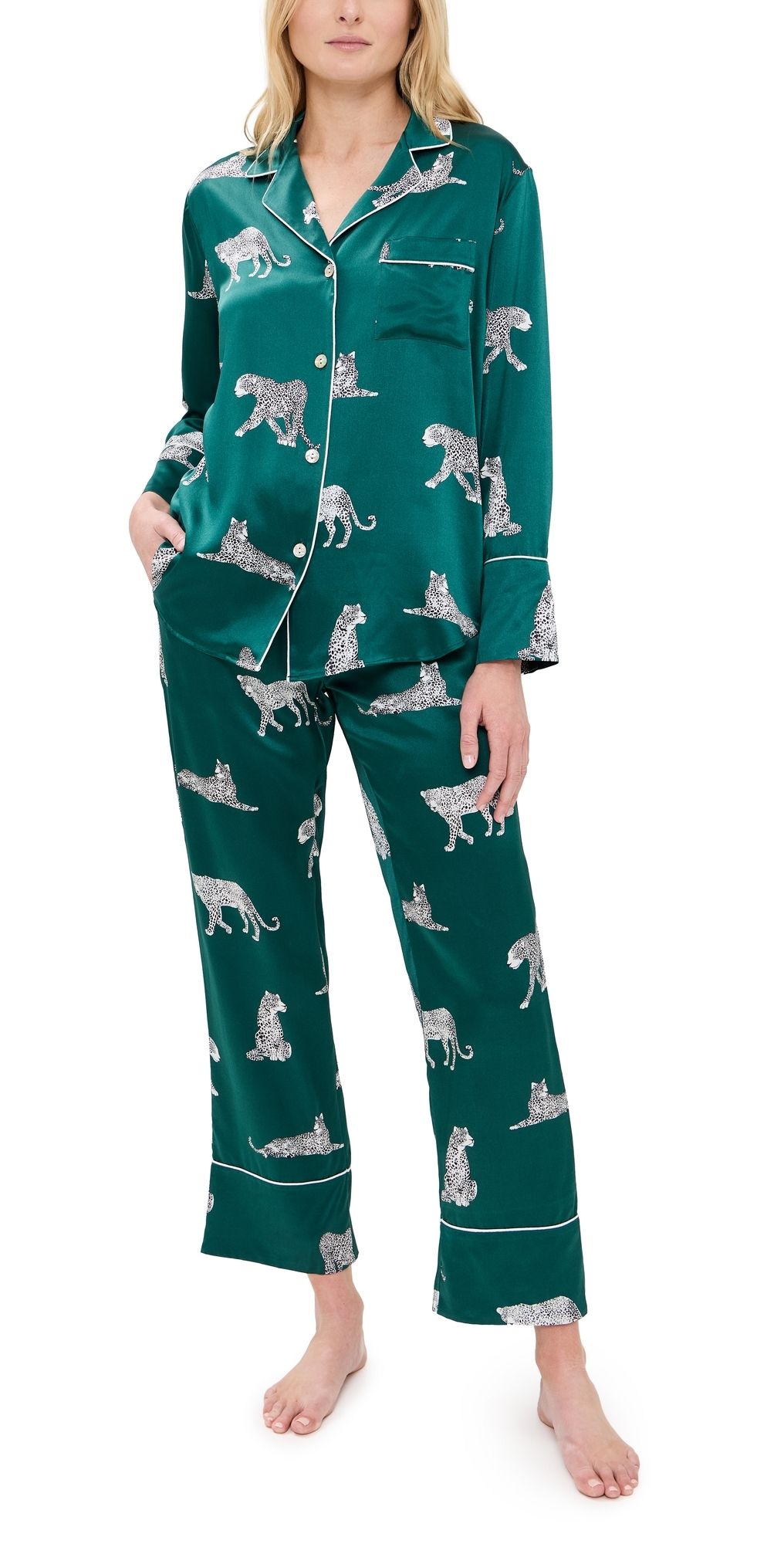 Petite Plume Mulberry Silk Panthre de Luxe Pajama Set Emerald S