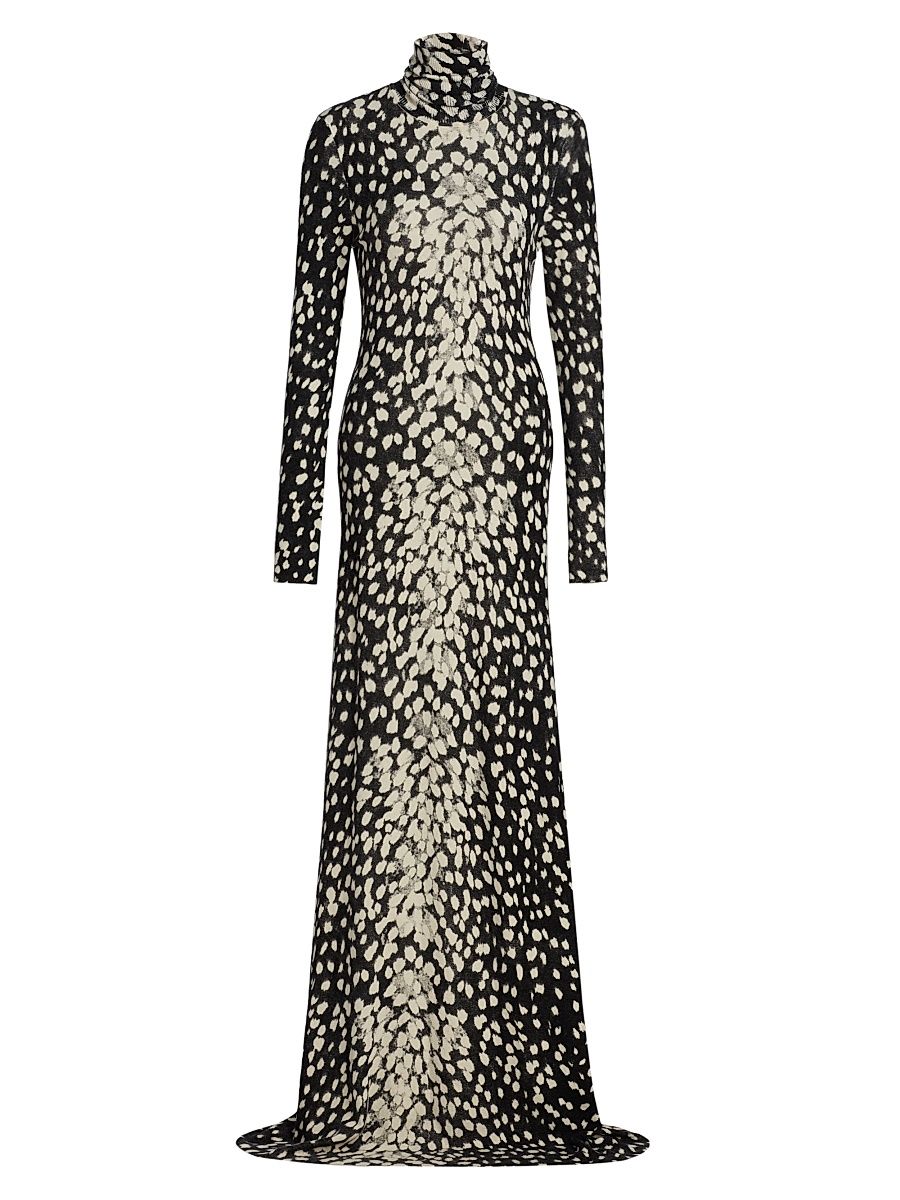 Women's The Camille Hand-Printed Cashmere Turtleneck Dress - Snow Leopard - Size Small