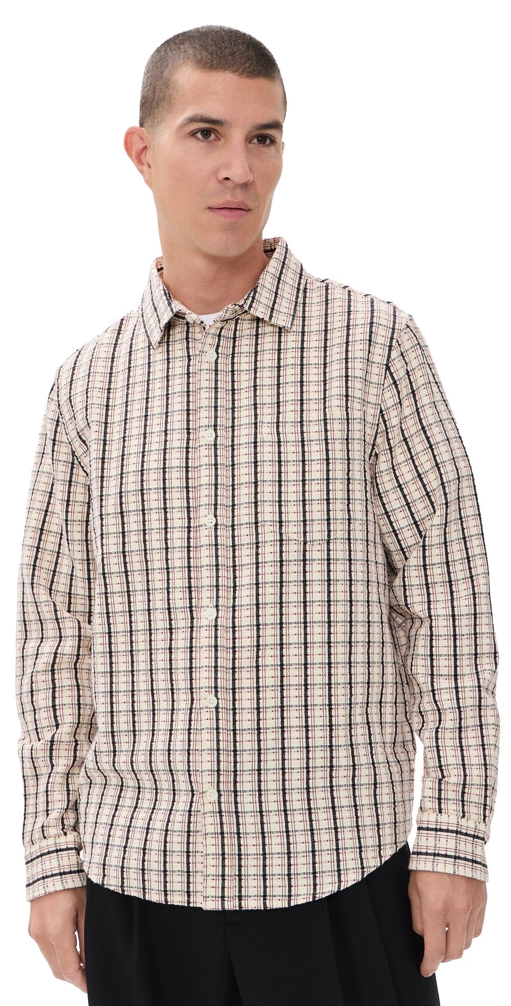 Wax London Shelly Dobby Check Button Down Shirt Ecru/Red M