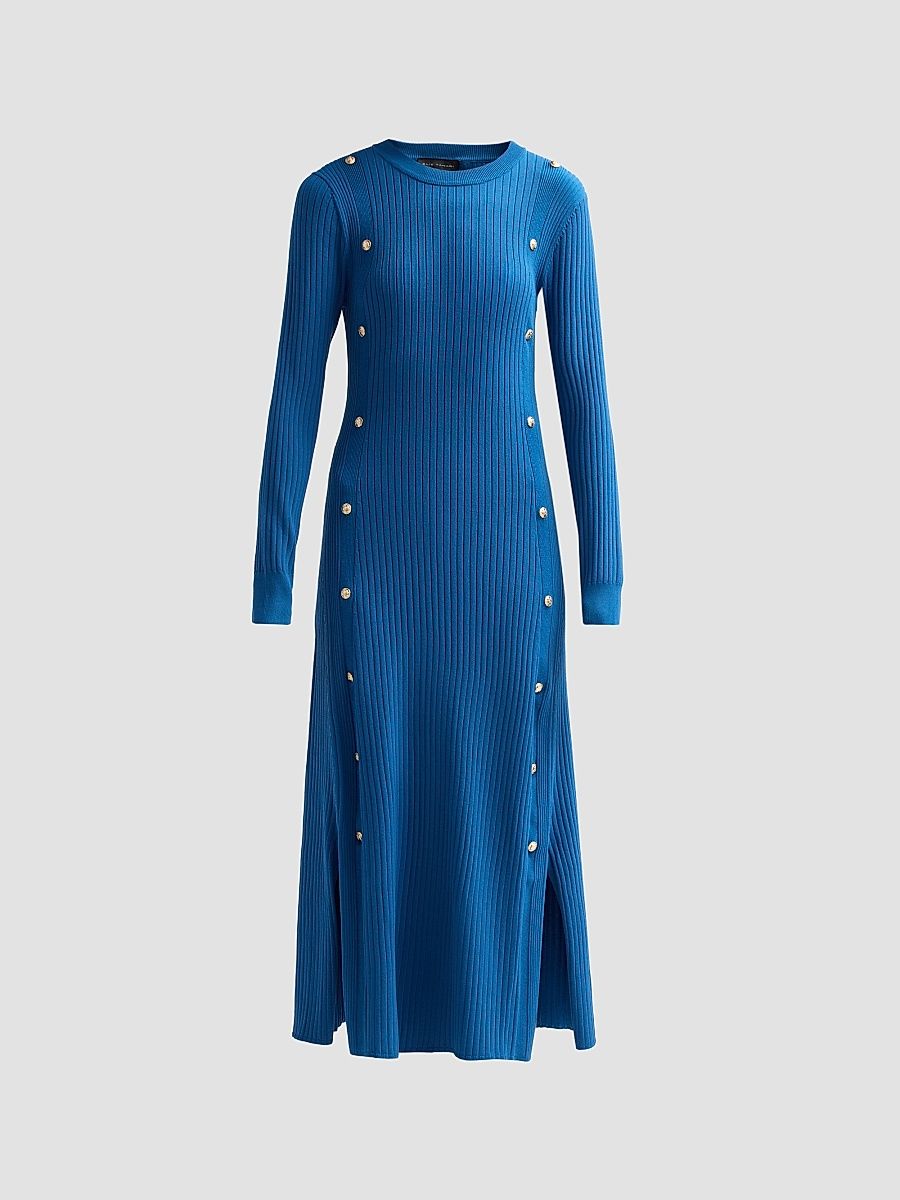 Elie Tahari Women's Tamara Rib-Knit Crewneck Midi Sweaterdress - Blue Dream - Size XL